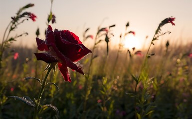 Generative-AI, Red Rose in a Garden with Dew Drops on the Petals for Valentine Theme