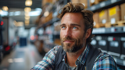 Close-up of a man with a beard looking thoughtful while standing in a warehouse environment, surrounded by shelves and boxes
