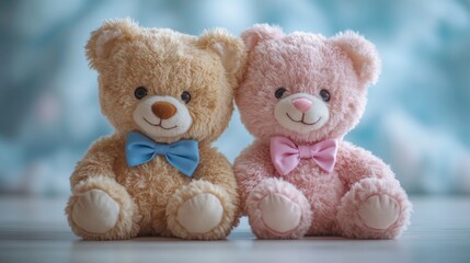 Obraz premium Two teddy bears sitting on floor with blue background