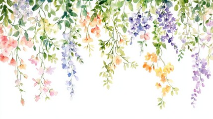 This vibrant watercolor illustration showcases a diverse array of blooming spring flowers in vivid colors against a clean white background, enhancing any space with its charm and elegance