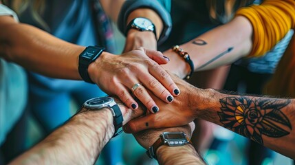 Close-up of Diverse Hands Stacked Together with Watches and Tattoos