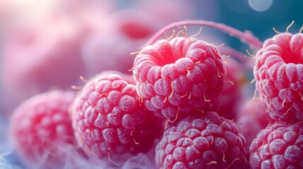 Fresh raspberries covered with dew drops resting on misty surface