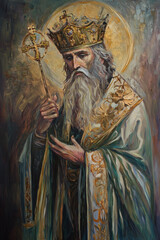 Naklejka premium A classic oil painting of Saint Ambrose captures his solemn and pious demeanor