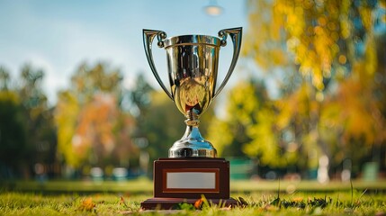 Silver Trophy on Wooden Base in Grassy Field
