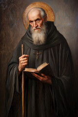 Saint Benedict of Nursia is depicted in a traditional oil painting, often holding the Rule of Saint Benedict, symbolizing his monastic influence