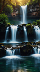 Obraz premium Phone wallpaper Full HD majestic waterfall, vibrant nature colors of lush trees and falling water