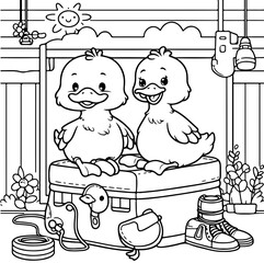 Duck Adventure Coloring Book Illustration Drawing