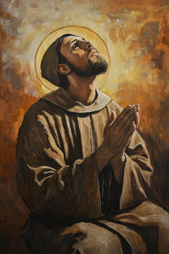 An oil painting of Saint Francis of Assisi, depicted in a humble and serene posture
