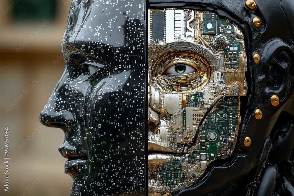 Poster robotic and human faces side by side symbolizing the convergence of human emotion and artificial int