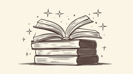 A stack of magic books, drawn in a simple line style, is shown open, with the concept being isolated.