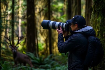 Fototapeta premium Nature Photographer Capturing the Beauty of the Dense Forest Wilderness