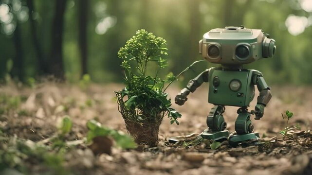A robot with a emotional connection to nature, using a muted color palette of greens and browns.