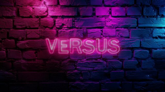 Video footage of Pink glowing Versus text, typography neon on brick wall background. Looped Neon abstract Lines.
