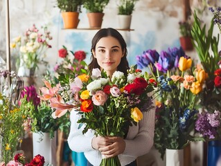 Fototapeta premium Florist Holding a Bouquet of Fresh Flowers in a Colorful Floral Shop Background