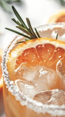 Refreshing orange cocktail garnished with rosemary and salt rim