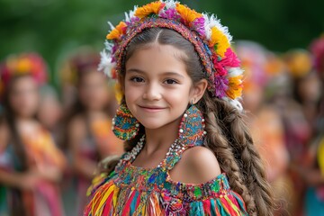 Fototapeta premium Portrait of young beautiful Latina girl in traditional dress and decorations for National Hispanic Heritage Month