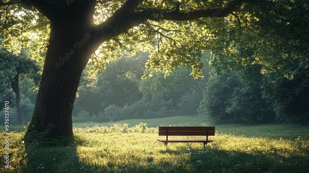 Poster a bench is sitting in a grassy field next to a large tree