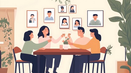 Joyful Family Around Dining Table with Framed Photos on Wall Symbolizing Shared Goals of Education and Unity