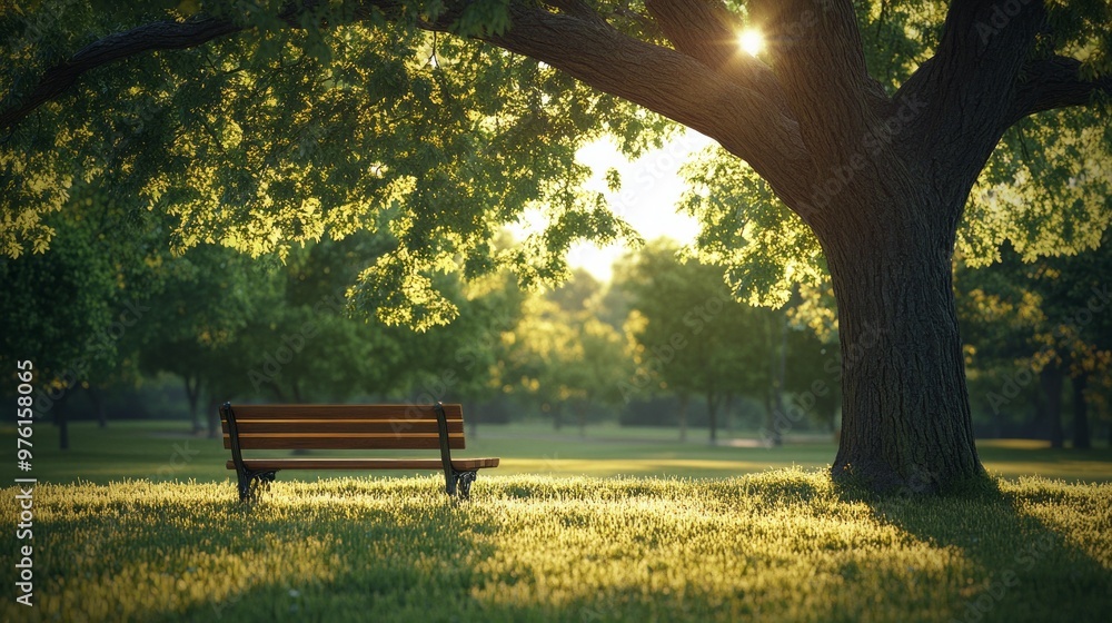 Poster a park bench is under a large tree with sunlight shining through the leaves