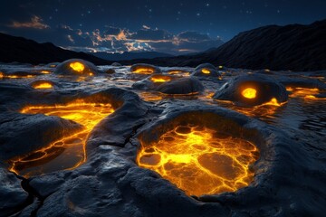 An alien planet with strange rock formations, glowing under the light of multiple suns