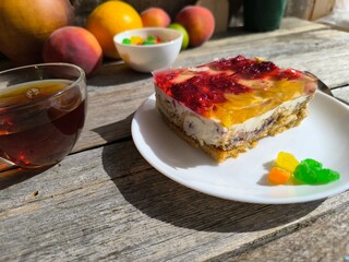 Puff pastry with cherries on a plate. High-quality photos for photography