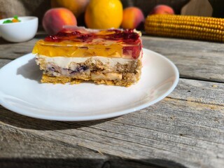 Puff pastry with cherries on a plate. High-quality photos for photography