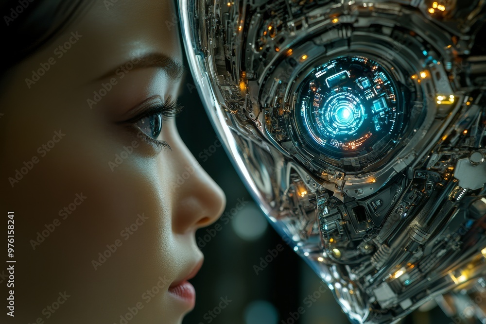 Poster side profile of a woman and a robot in a conceptual space symbolizing thought technology and the fus