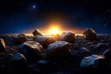 Obraz premium An asteroid belt with massive rocks floating in space, with a distant sun illuminating the scene
