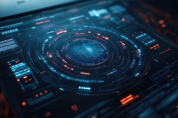 Obraz premium Futuristic digital interface showcasing data visualization and high-tech design, perfect for technology and science projects.