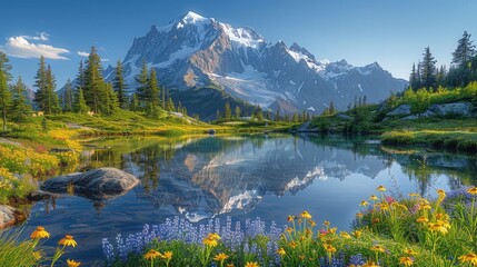 Mountain Lake with Wildflowers in Bloom