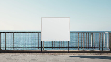 Obraz premium Empty billboard mounted on a railing overlooking the ocean with clear skies and a distant boat, creating a serene coastal backdrop