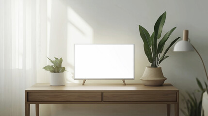 Blank frame on a wooden desk next to potted plants in a minimalist, sunlit room with soft natural light