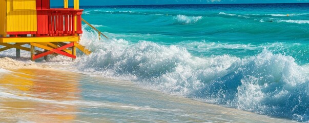 Turquoise waves crashing on tropical beach with colorful lifeguard tower
