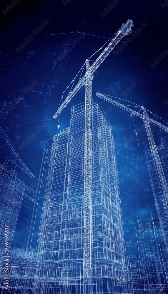 Poster 3d blueprint of building construction featuring a crane in action for architectural design