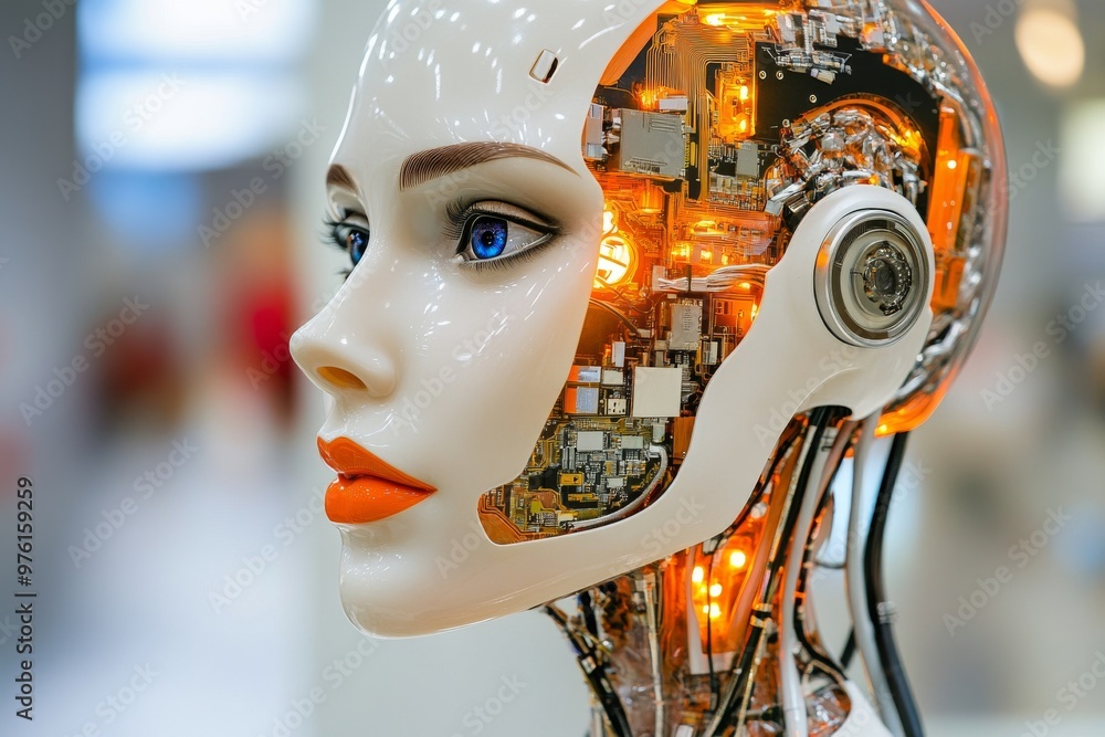 Poster close up of a woman and a humanoid robot symbolizing the convergence of human emotion and artificial