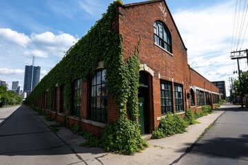 An old brick building in an industrial district, with ivy climbing up the walls