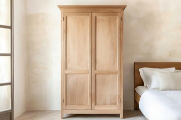 Handcrafted oak armoire with detailed woodwork, standing proudly in an antique-styled bedroom, oak furniture, wood craftsmanship