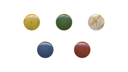 a set of colorful aged circles, rusty stationery tacks in png format, front view, isolated metal push rounded pins on transparent background	