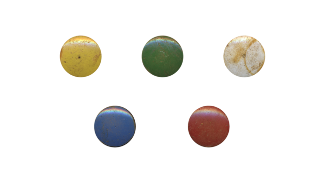 a set of colorful aged circles, rusty stationery tacks in png format, front view, isolated metal push rounded pins on transparent background	
