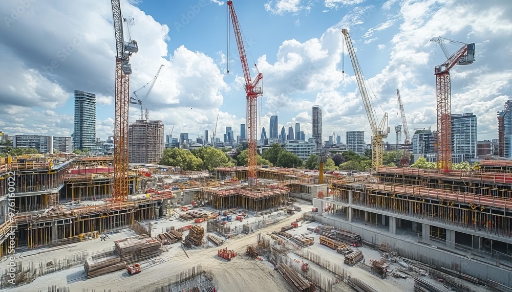 Poster dynamic construction site featuring multiple tower cranes amidst ongoing building projects
