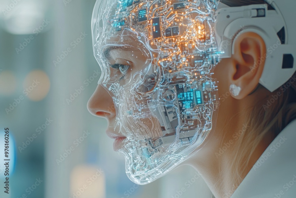 Poster side profile of a woman with robotic face elements symbolizing the fusion of human emotion and machi
