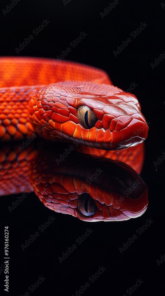 Poster red snake posing on black background with reflection