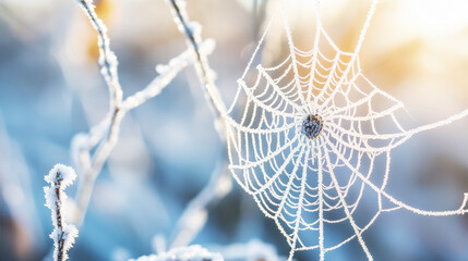 Frost-covered spider web glistening in the sunlight on a cold winter morning, with delicate ice crystals forming intricate patterns