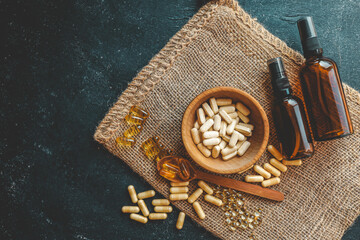 Natural vitamins organic on dark background