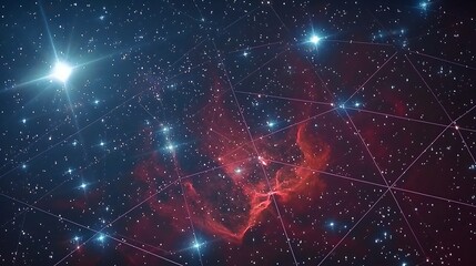Obraz premium Nebula Mirage : Against an azure backdrop, polygonal lines weave like mirages in the cosmic desert. Reds and blues blend seamlessly, hinting at hidden wonders. The unmarked space invites captions 