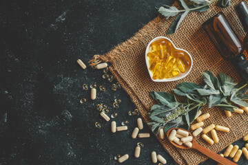 Natural vitamins organic on dark background