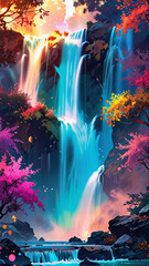 Fototapeta premium Majestic waterfall, vibrant nature colors of lush trees and falling water, phone wallpaper Full HD