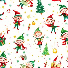 Festive Elves and Christmas Trees. Gift wrapping paper pattern. AI generated image