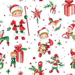 Festive Elves and Christmas Trees. Gift wrapping paper pattern. AI generated image