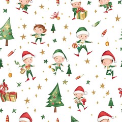 Fototapeta premium Festive Elves and Christmas Trees. Gift wrapping paper pattern. AI generated image